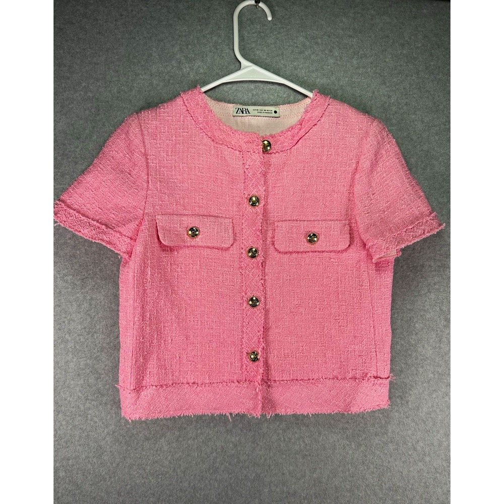 ZARA Womens XS Pink Button Front Short Sleeve Lined Short Basic Jacket
